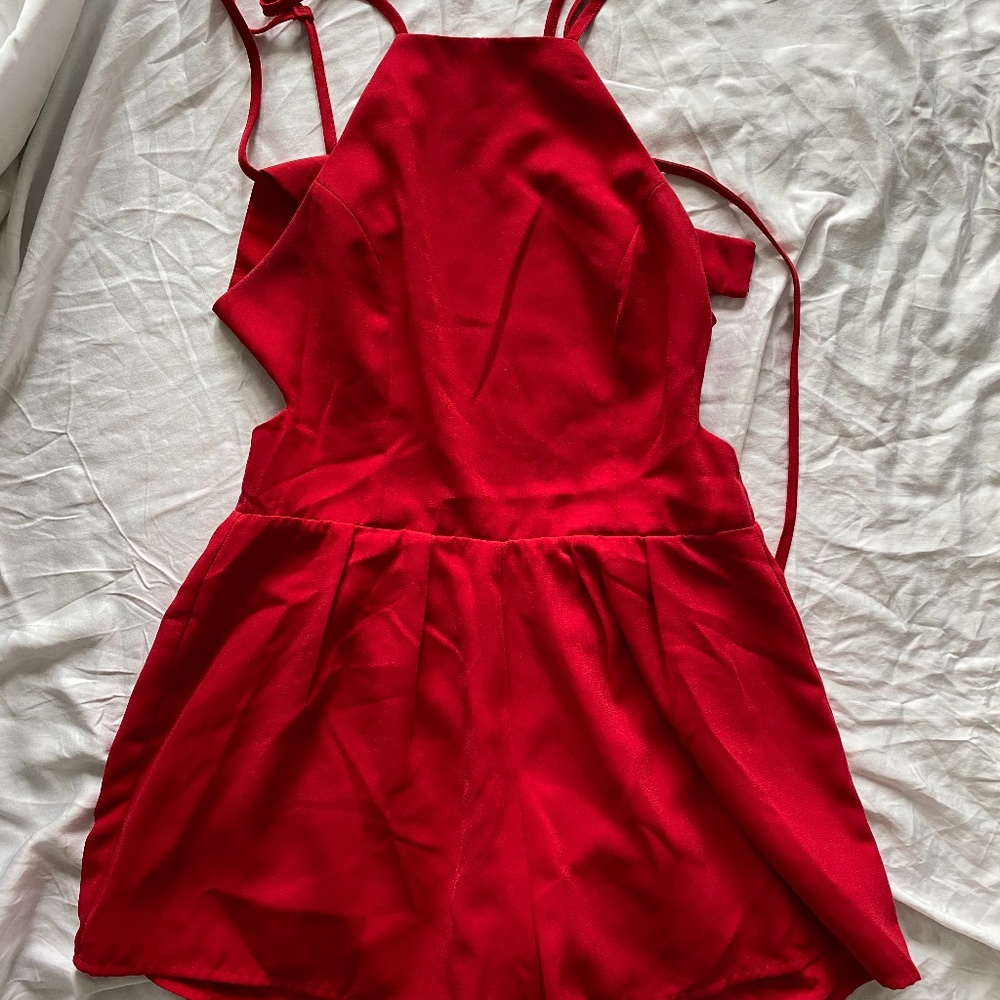 Red, Open Back, Romper